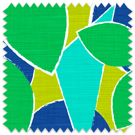 An abstract composition featuring irregular, rounded shapes in vibrant colors. The main colors include bright green, lime green, turquoise, and dark blue, all separated by white, jagged outlines. The shapes overlap and intersect dynamically, forming an energetic and playful pattern. The overall texture has a fabric-like appearance with subtle horizontal and vertical lines running through the colors.